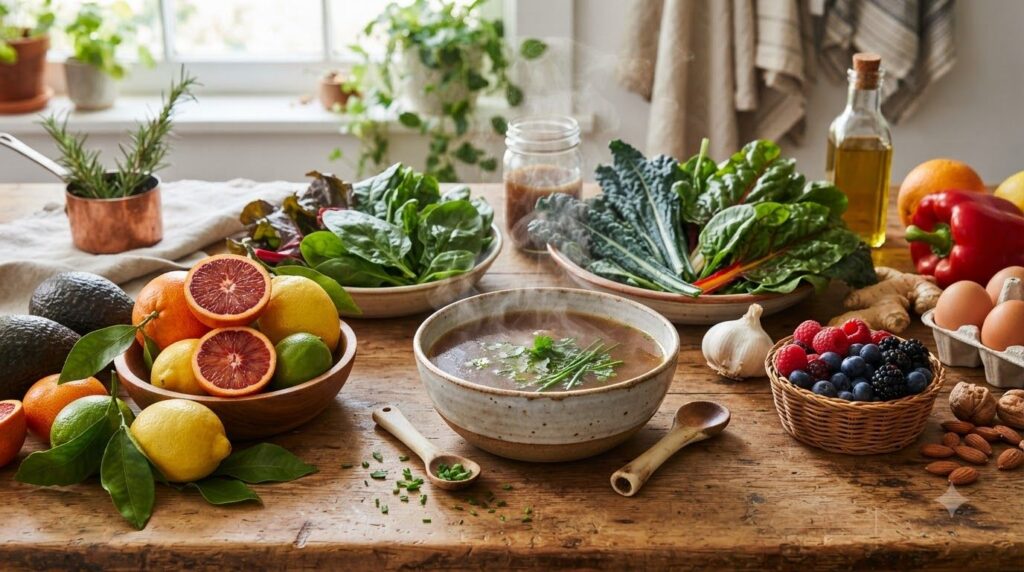 A variety of colorful fresh collagen-boosting foods arranged attractively on a rustic wooden table citrus fruits berries