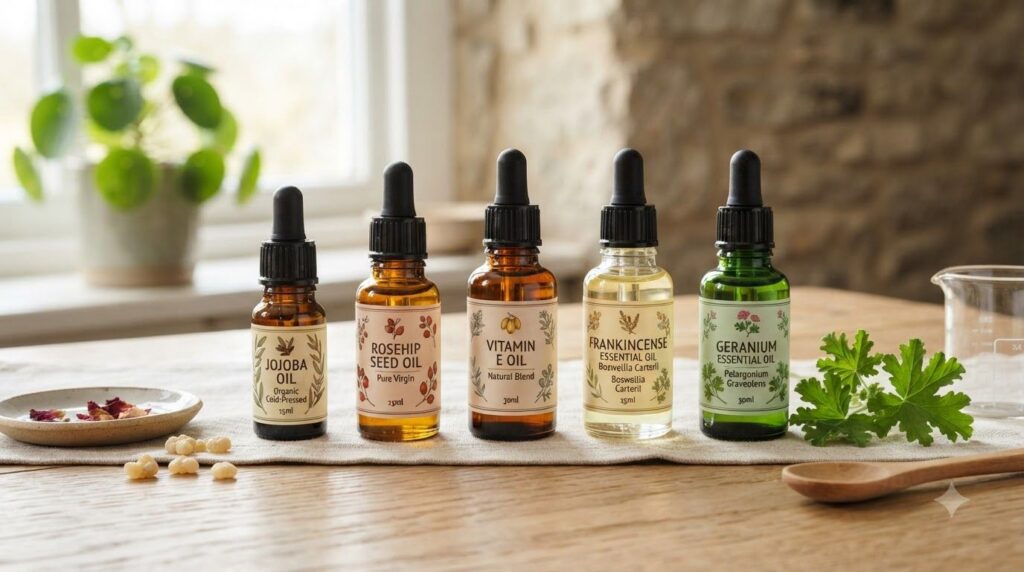 Various small bottles of natural oils and essential oils including jojoba rosehip vitamin E frankincense and geranium ar
