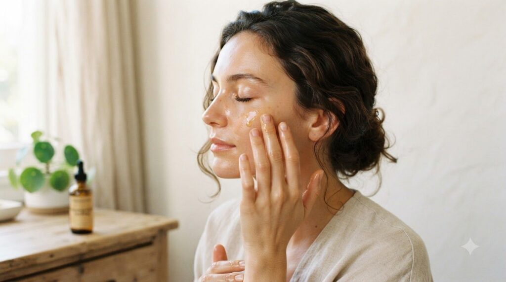 A woman gently applying a few drops of golden facial oil to her cheek with her fingertips her eyes closed in a moment of