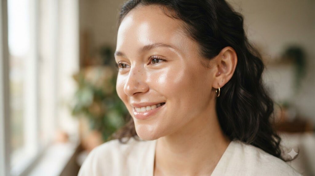 A close-up of a woman s glowing smooth skin perhaps with a subtle shimmer illustrating the results of using rice water