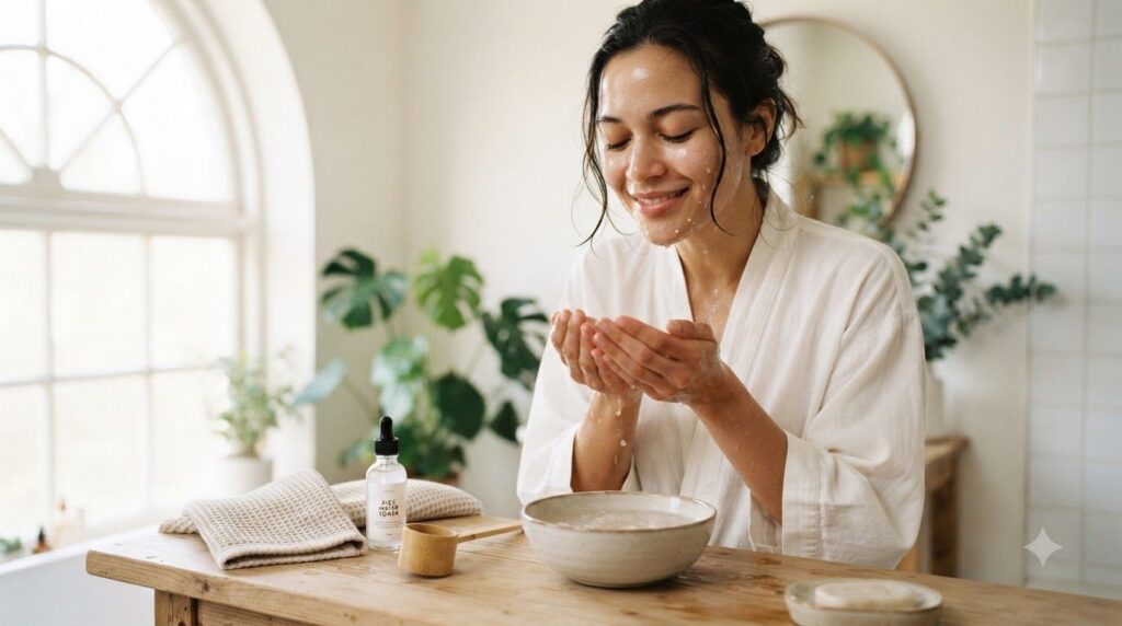 A woman gently patting rice water onto her face with her hands looking refreshed and happy in a bathroom or bedroom sett