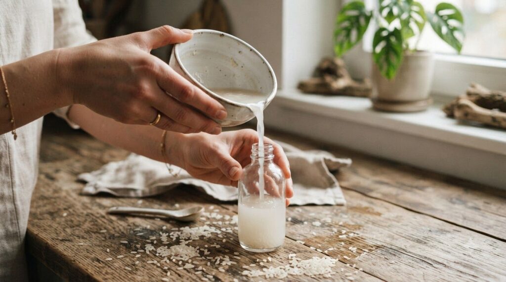 Hands pouring rice water from a bowl into a small spray bottle with a backdrop of raw rice grains and a small glass jar 