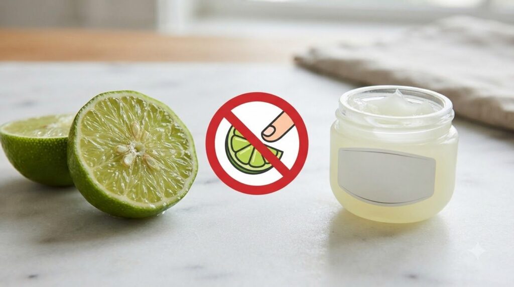 A close-up of a sliced lime and a small jar of Vaseline on a table with a STOP sign overlaid or a clear visual cue indic