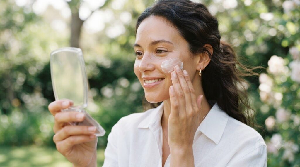 A woman carefully applying sunscreen to her face outdoors emphasizing safe skincare practices after discussing the dange