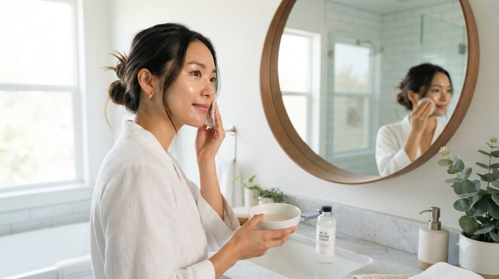 A woman gently patting rice water onto her face with a cotton pad in a bathroom setting demonstrating the application me