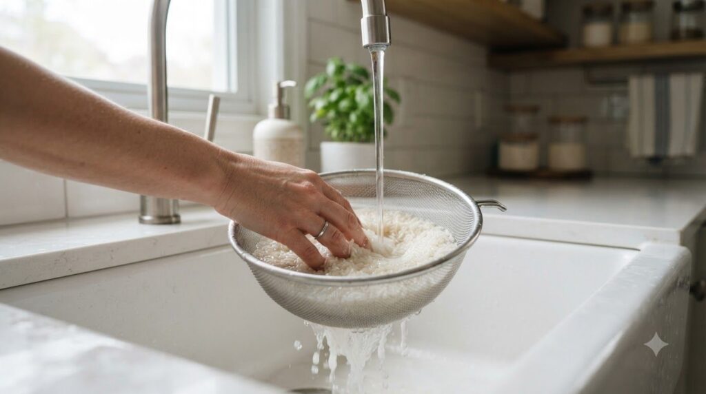 A bowl of white rice being rinsed under running water in a kitchen sink illustrating the first step of preparing rice wa