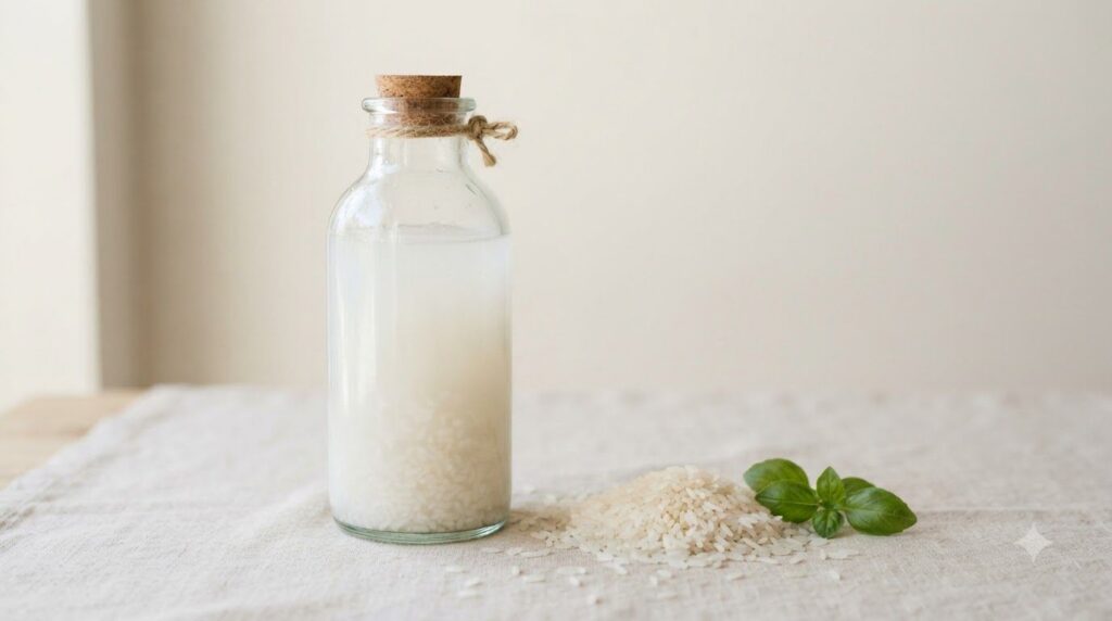 A close-up of a glass bottle filled with clear rice water next to fresh rice grains emphasizing the natural ingredients