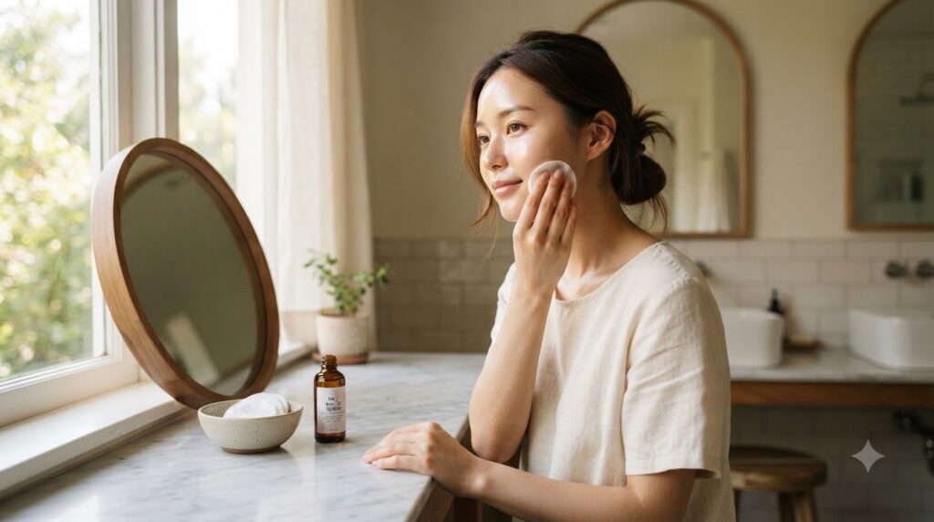 A woman gently patting rice water onto her clean face with a cotton pad demonstrating the application as a toner