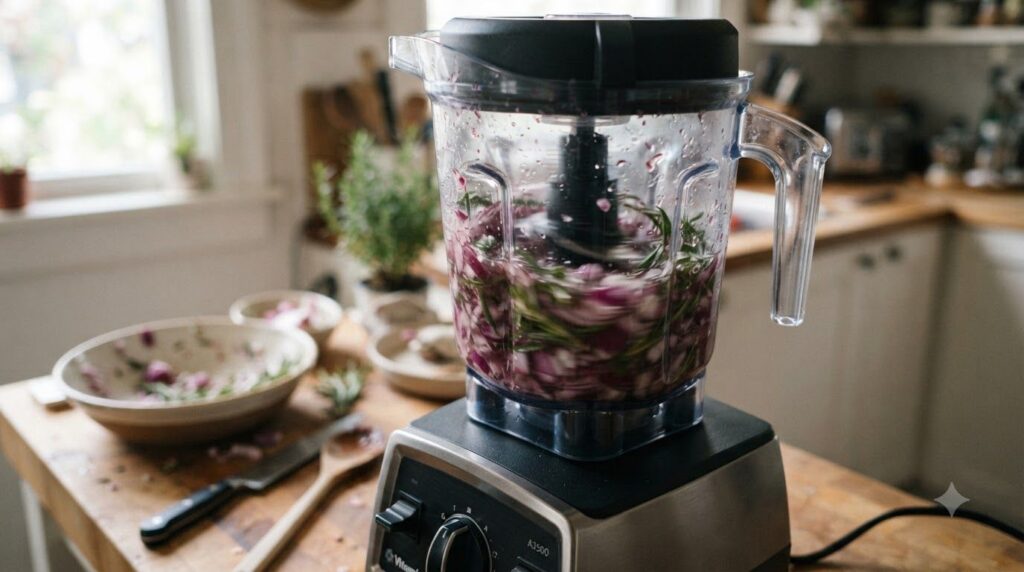 A blender with chopped onion rosemary and water showing the blending process for the hair mask