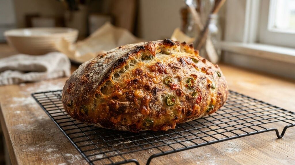 A freshly baked no-knead bread loaf with melted cheddar cheese pockets and visible slices of green jalapeño peppers thro