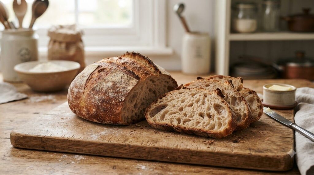 A freshly baked round loaf of classic artisan no-knead bread with a golden-brown crackled crust and a soft airy interior