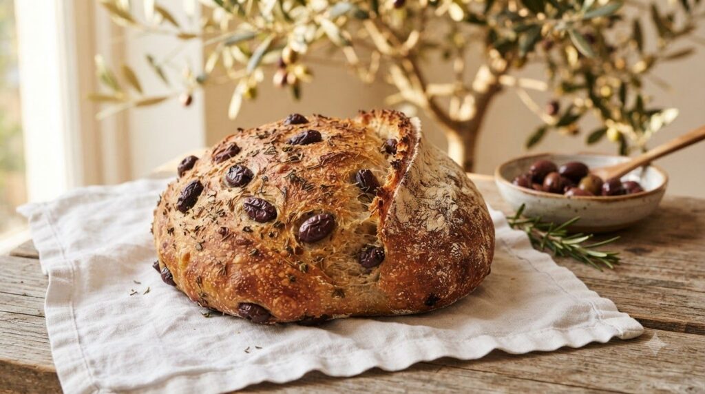 A rustic no-knead bread loaf baked with whole Kalamata olives and dried herbs visible throughout its golden-brown crust 