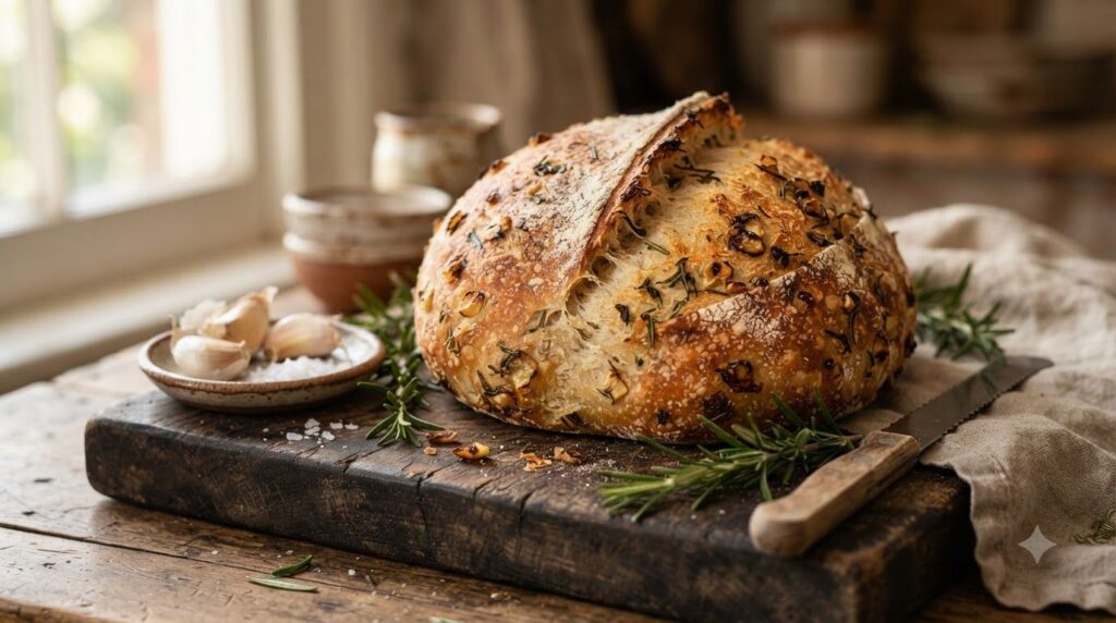 A golden-brown no-knead bread loaf infused with chopped garlic and fresh rosemary visible on the crust and in the crumb 