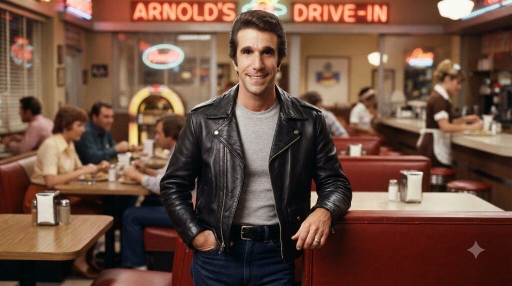 A classic promotional photo of Fonzie Henry Winkler from Happy Days in his signature leather jacket leaning coolly again