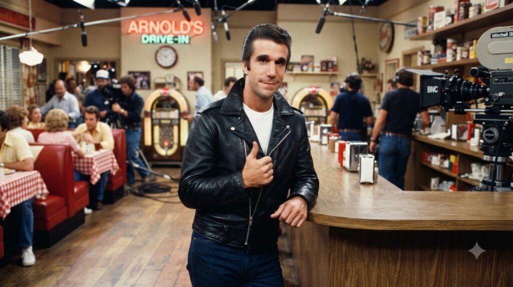Henry Winkler as Fonzie on the set of Happy Days perhaps with other cast members or a recognizable set piece like Arnold