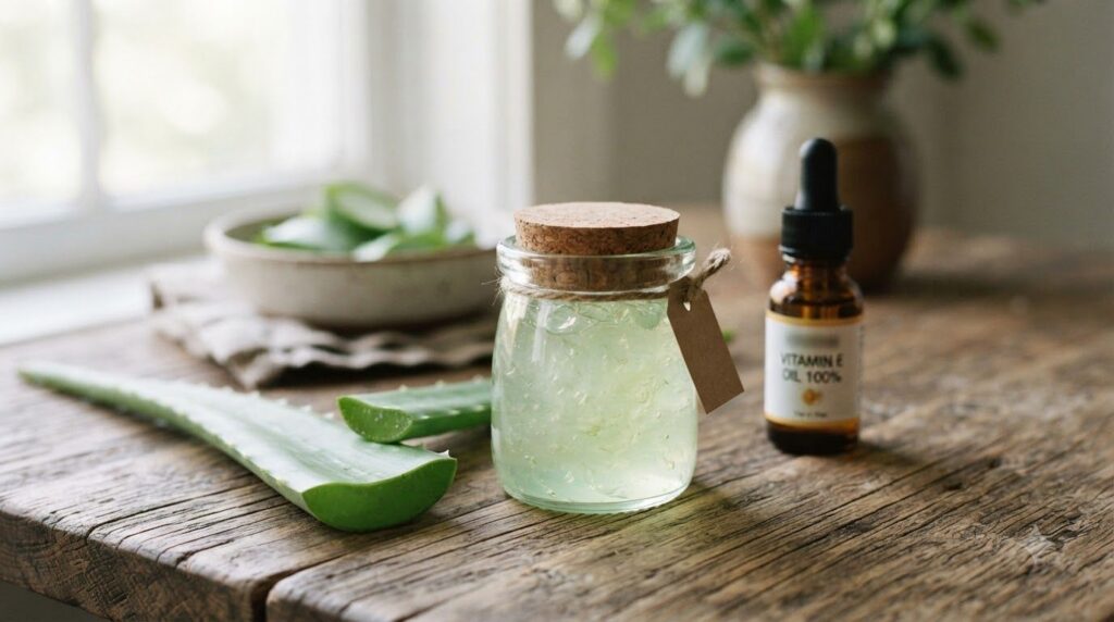 A small clear glass jar of the finished classic anti-aging gel placed next to a fresh aloe vera leaf and a bottle of vit