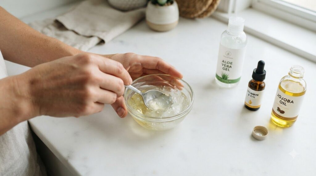 A person s hands mixing aloe vera gel vitamin E oil and jojoba oil in a small glass bowl with a spoon on a clean white s