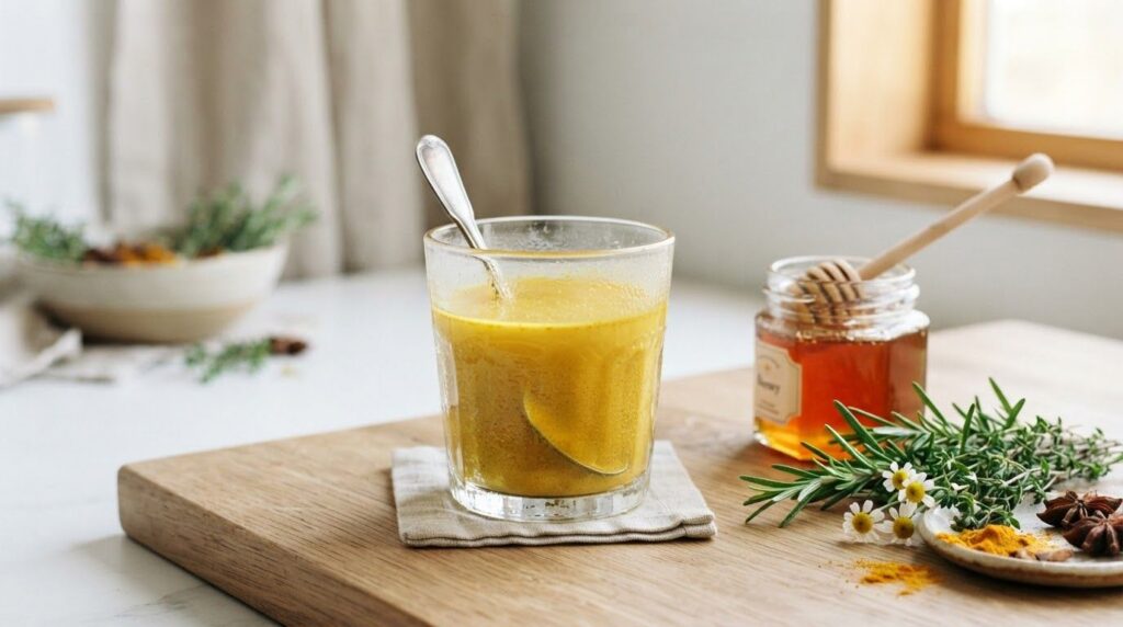 A clear glass with a dissolved herbal beauty powder drink a spoon inside next to some fresh herbs or honey jar on a ligh