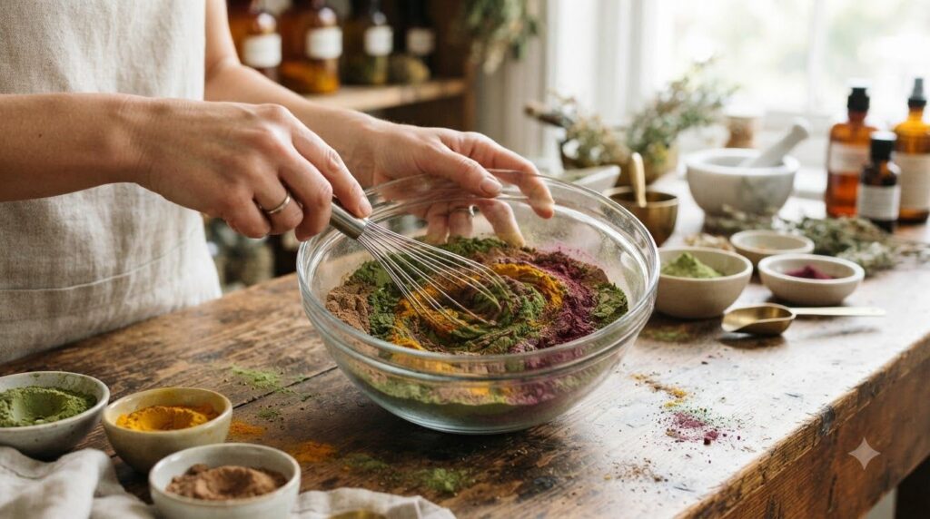 Close-up of hands mixing various fine powders in a glass bowl illustrating the process of blending the herbal honey beau