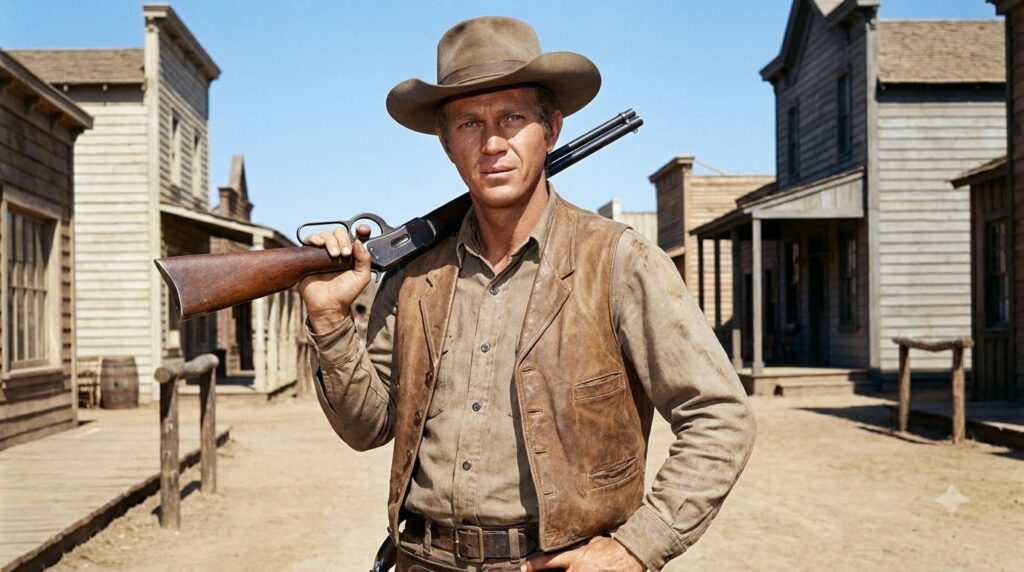 Steve McQueen as Josh Randall in Wanted Dead or Alive holding his Mare s Leg rifle