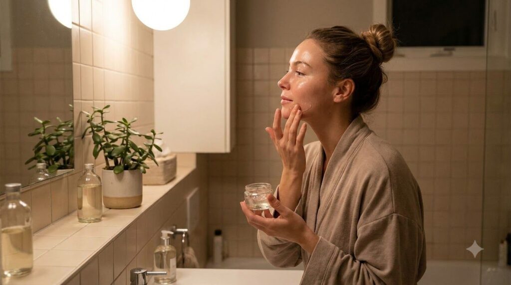 A woman with glowing clear skin gently applying a homemade translucent gel to her face before bed in a soft natural even