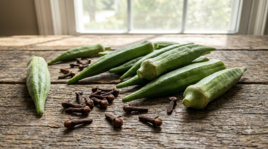 Fresh green okra pods and whole dried cloves arranged attractively on a rustic wooden surface highlighting their natural