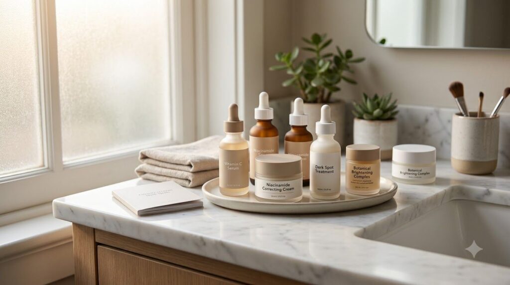 An array of professional skincare products specifically formulated for treating dark spots such as serums with Vitamin C
