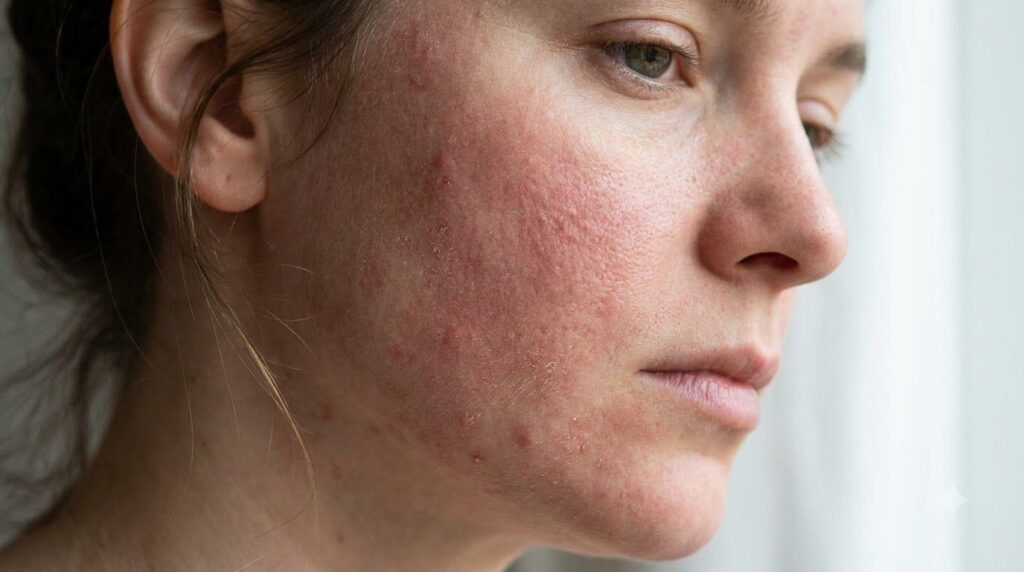 A close-up of a person s face with red irritated patches on the skin suggesting a negative reaction to a harsh topical a