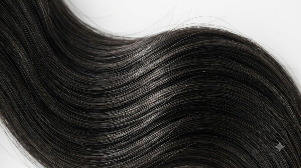 A close-up of healthy shiny hair strands possibly after using a natural hair tonic The hair is soft and well-conditioned