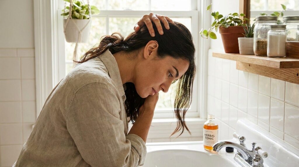 A woman gently massaging a homemade hair tonic into her scalp with a spray bottle of the tonic visible Her hair looks cl