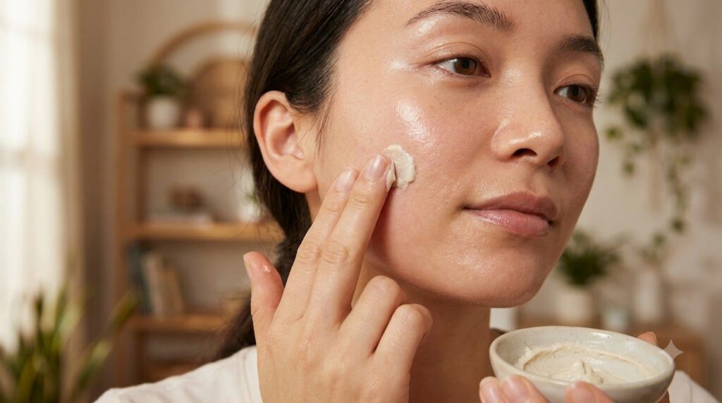A person s fingers gently applying the Vaseline and baking soda mixture to their cheek showcasing a smooth glowing skin 