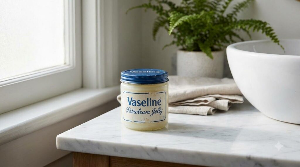 A small iconic blue and white jar of Vaseline Petroleum Jelly on a clean bright bathroom counter with soft lighting