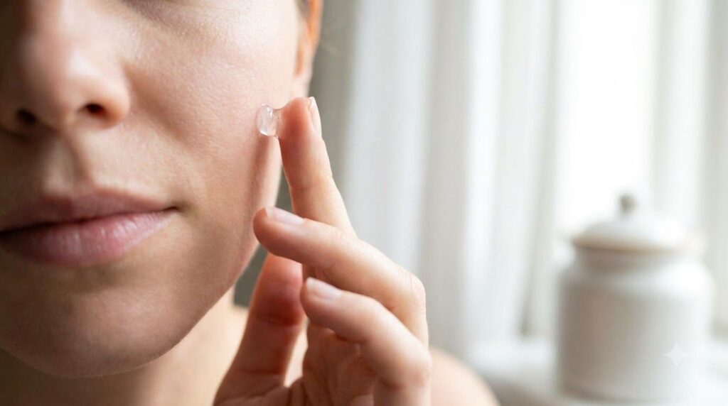 Close-up of a woman s hand gently dabbing a tiny amount of Vaseline onto her cheek emphasizing a light application in a