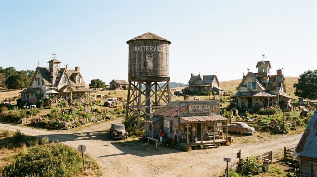 An aerial view of the fictional town of Hooterville with a mix of rustic farmhouses a general store and perhaps a water
