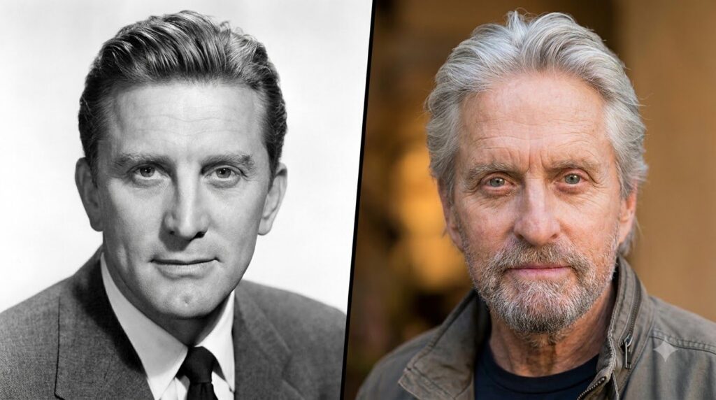 A side-by-side comparison image of a younger Kirk Douglas and an older Michael Douglas highlighting their resemblance