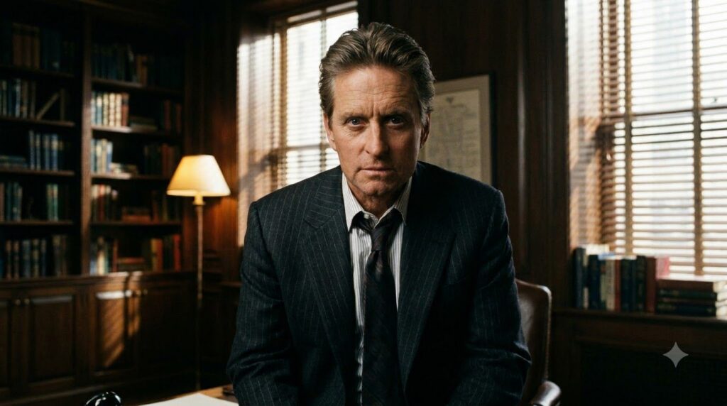 Michael Douglas in a classic film pose perhaps from Wall Street or Fatal Attraction looking intense and sharp