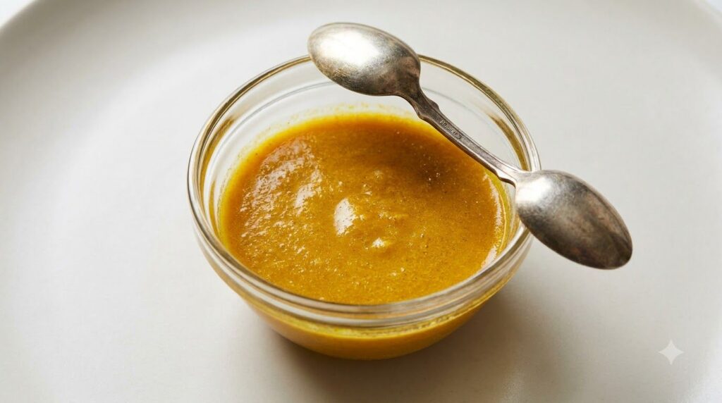 A close-up shot of a small glass bowl containing a vibrant yellow Vaseline and turmeric mask mixture with a small mixing