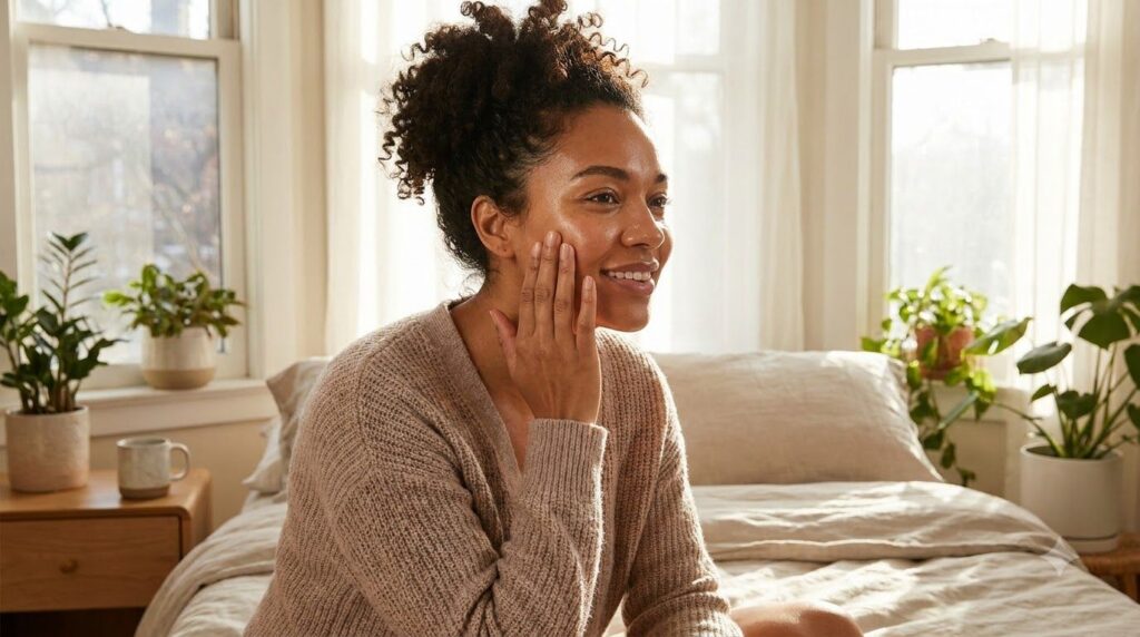 A woman waking up with radiant glowing glass skin gently touching her cheek with soft morning light Her skin looks hydra