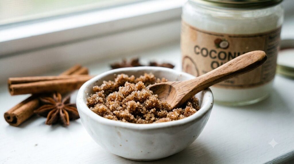 A close-up of a small bowl containing a homemade cinnamon and coconut oil lip scrub with a tiny spoon and fresh cinnamon