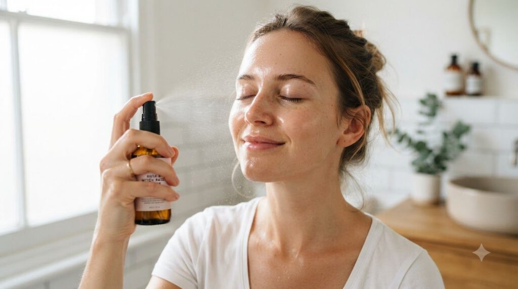 A close-up of a hand gently spraying a DIY toner onto a clean bare face The skin looks fresh and hydrated The background