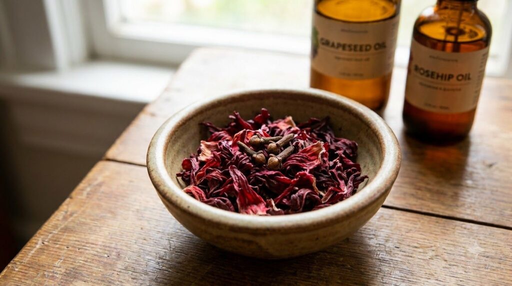 A close-up of dried hibiscus petals and whole cloves in a small bowl with grapeseed and rosehip oil bottles in the backg