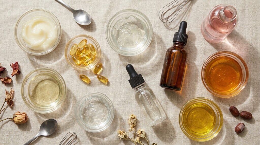 A collection of small glass bowls and bottles containing the various ingredients for the DIY face mask Vaseline Vitamin 