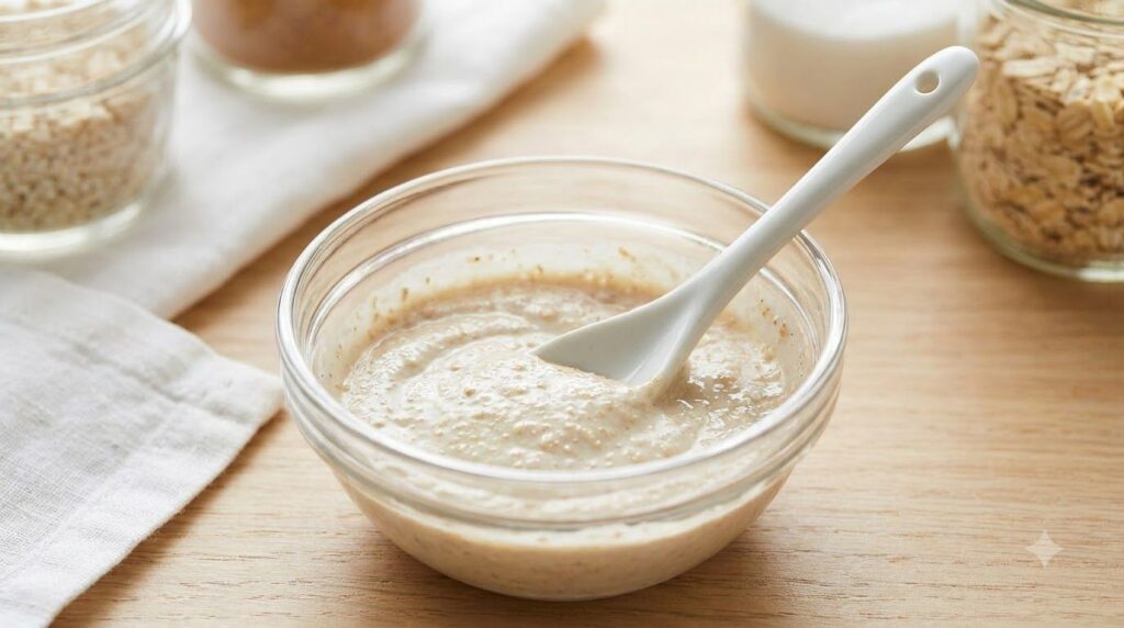 A close-up shot of the mixed DIY face mask in a small glass bowl showing a smooth creamy texture A clean spoon is restin