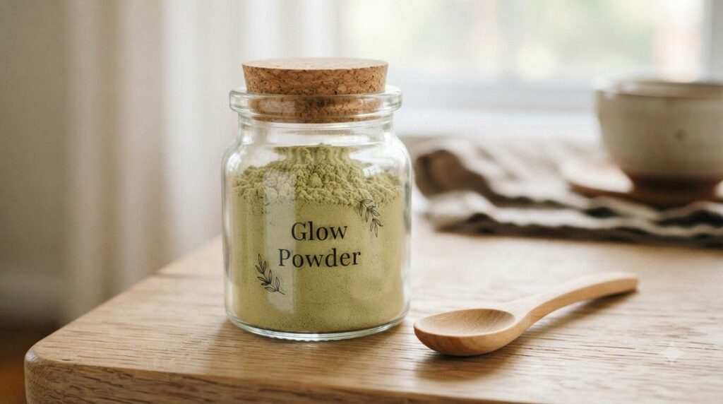 Close-up of a small glass jar containing a light green powder blend with a small label Glow Powder A wooden spoon is nea