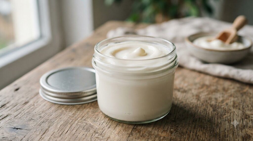 A small clean glass jar containing the mixed Nivea Creme and sweet almond oil with a clean mixing stick The texture of t