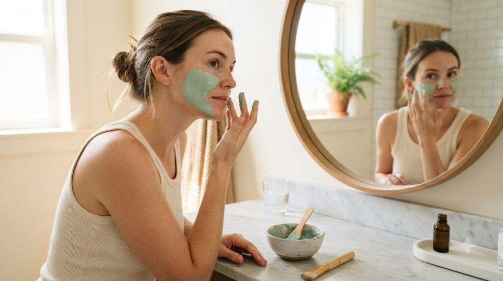 A woman applying a green face mask to her clean skin with a small bowl of the mask paste and a brush nearby Her hair is 