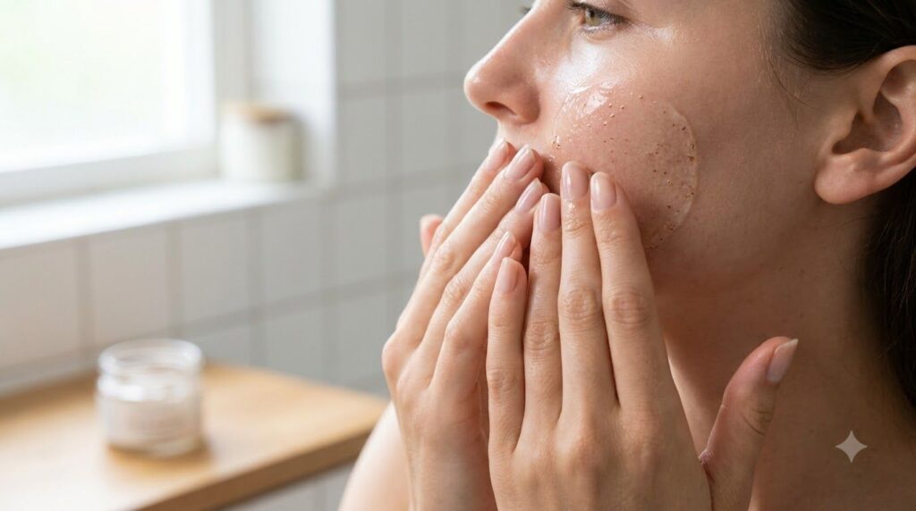 Hands gently massaging the homemade flaxseed and rose water gel onto clean facial skin demonstrating application with a 