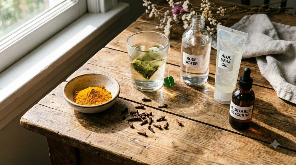 Ingredients for Clove and Turmeric Toner whole cloves turmeric powder green tea bag rose water aloe vera gel vegetable g