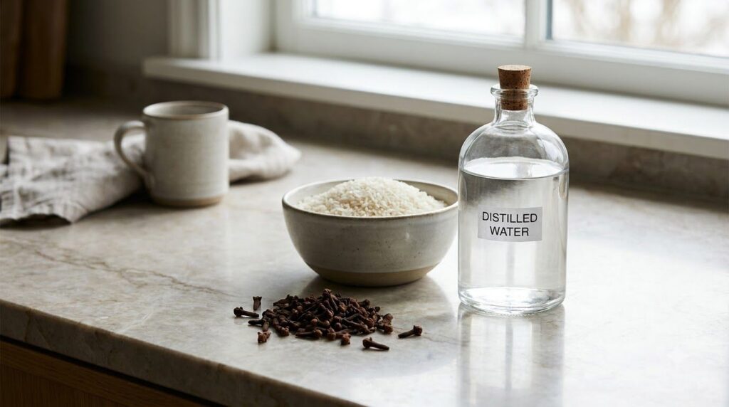 Ingredients for Clove and Rice Water Toner whole cloves white rice in a bowl and a bottle of distilled water on a kitche