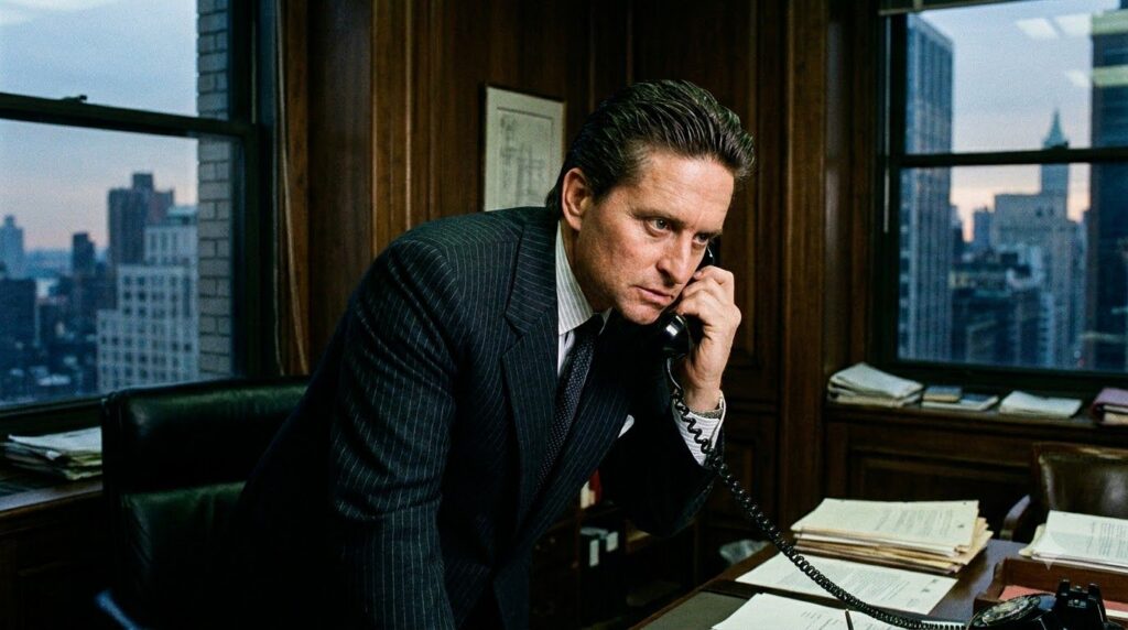 A younger Michael Douglas in a still from one of his iconic films perhaps Wall Street or Basic Instinct showcasing his c